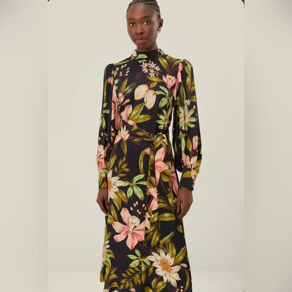 Farm Rio Black Surreal Flowers High Neck Midi Dress - Picture 3 of 8